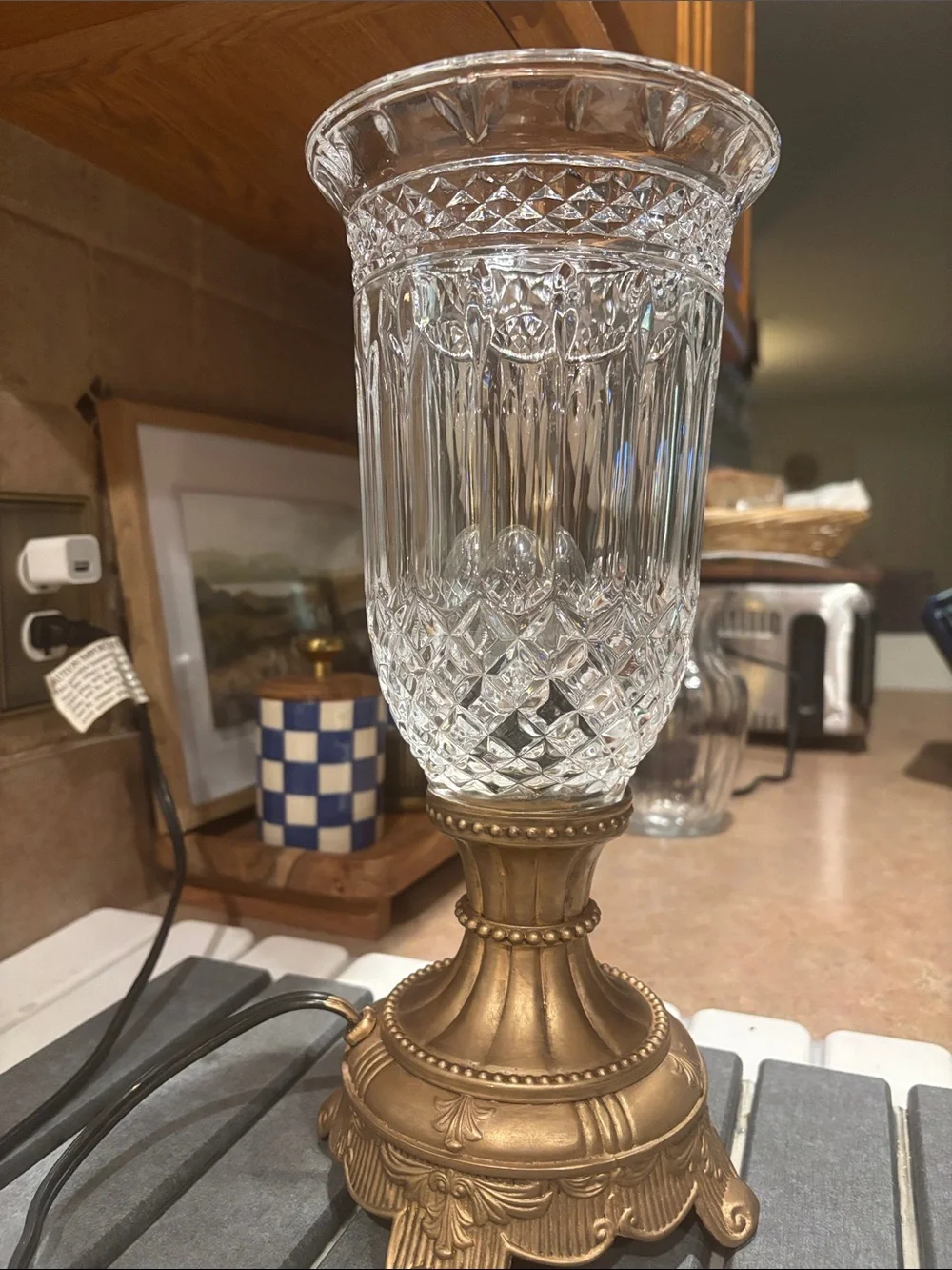 Cut Crystal Hurricane Lamp with Ornate Gold-Tone Base